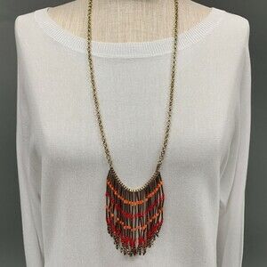 Romolo Elmina Necklace Beaded Fringe Red Salmon Gold-tone NWT
